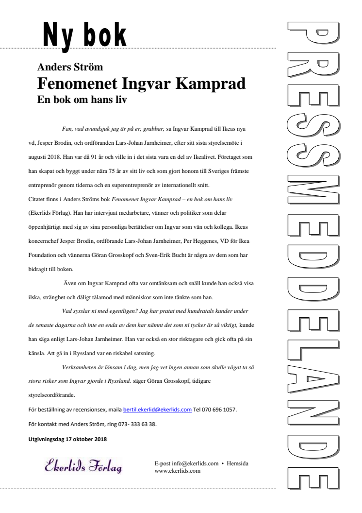 Ny bok: Fenomenet Ingvar Kamprad - en bok om hans liv av Anders Ström