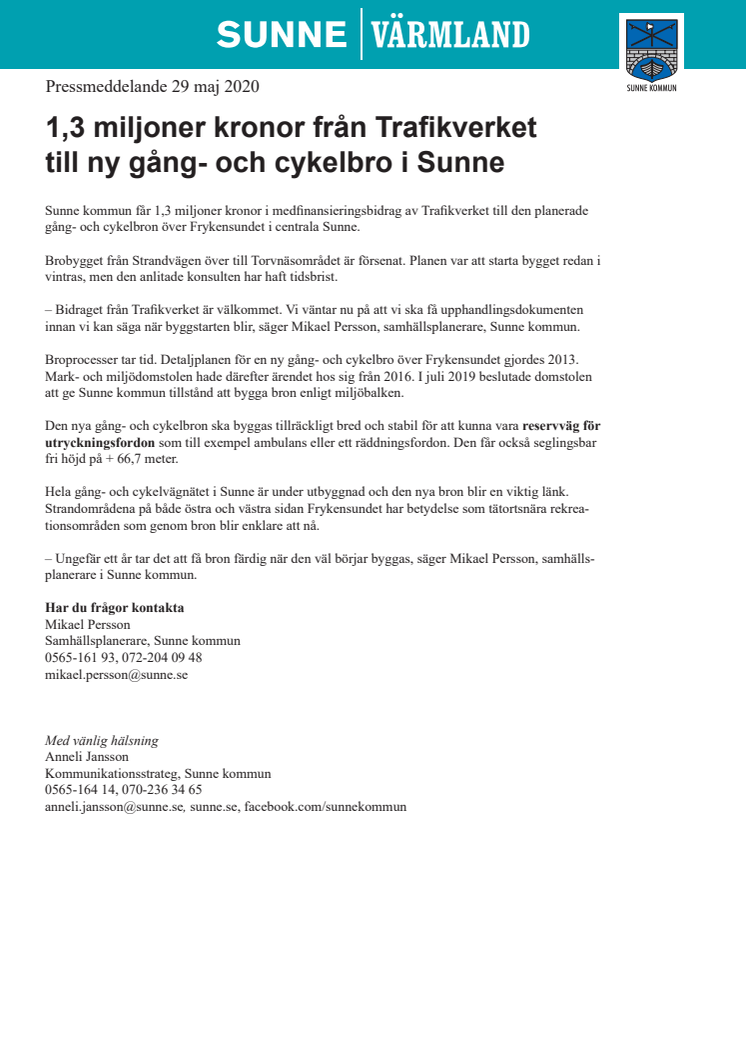 1,3 miljoner kronor till ny gång- och cykelbro i Sunne