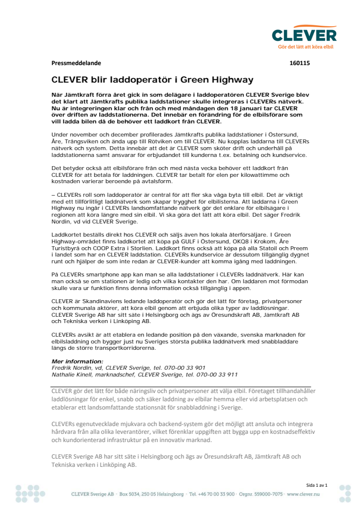 ​CLEVER blir laddoperatör i Green Highway