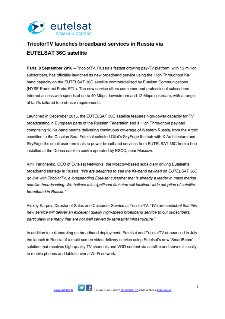 TricolorTV launches broadband services in Russia via EUTELSAT 36C satellite