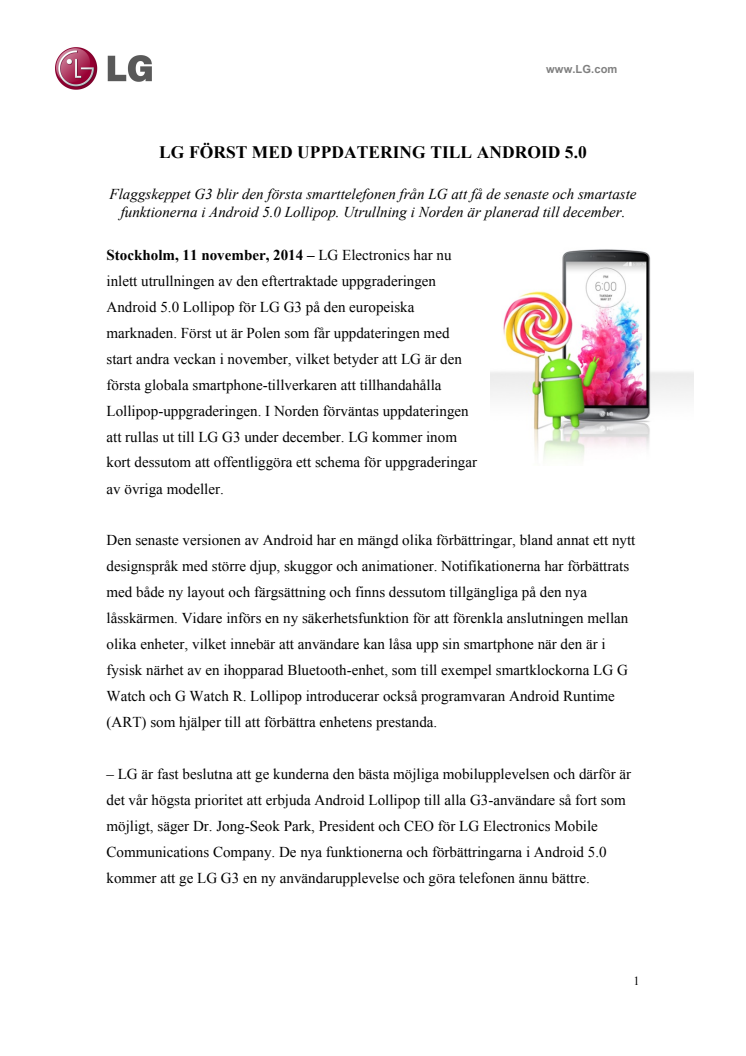 LG FÖRST MED UPPDATERING TILL ANDROID 5.0