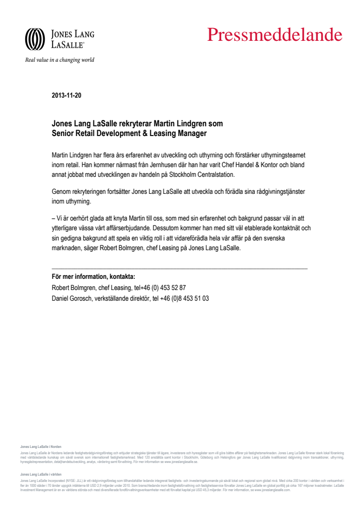 Jones Lang LaSalle rekryterar Martin Lindgren som  Senior Retail Development & Leasing Manager