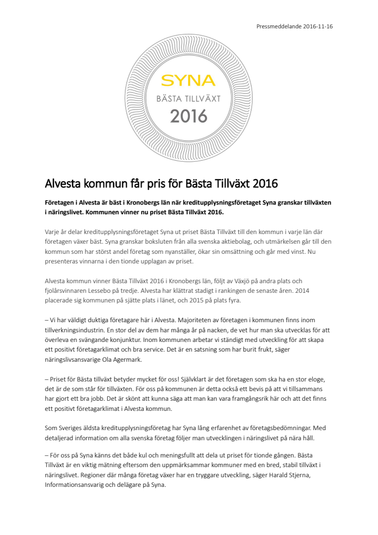 Alvesta kommun får pris för Bästa Tillväxt 2016