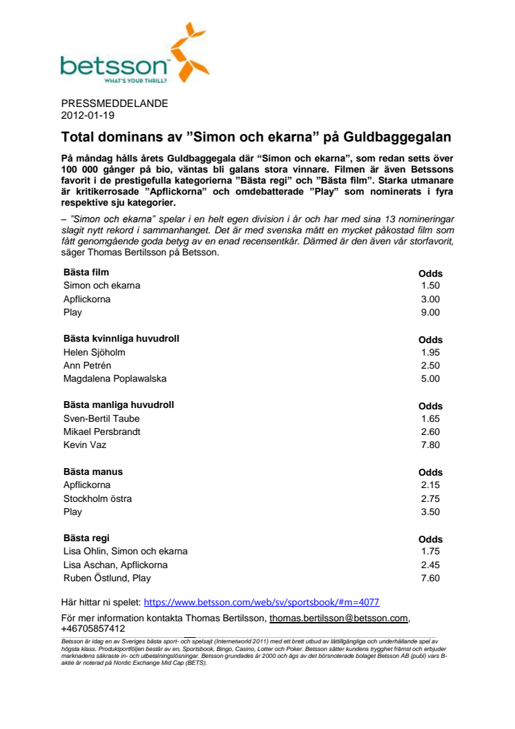 Total dominans av ”Simon och ekarna” på Guldbaggegalan