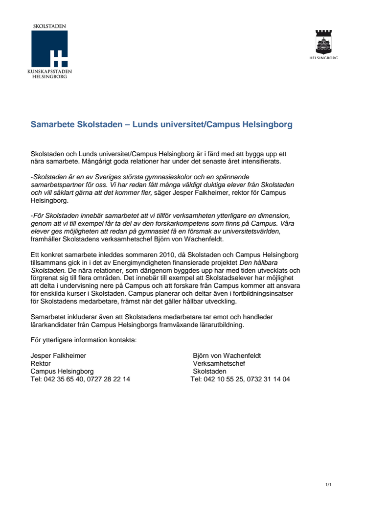 Samarbete Skolstaden – Lunds universitet/Campus Helsingborg