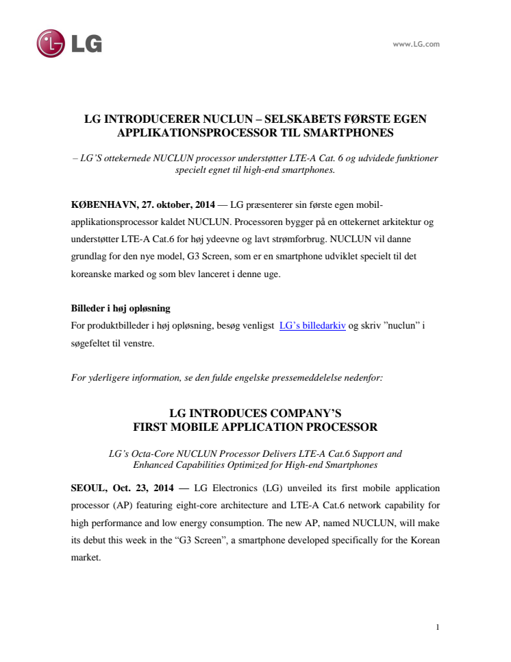 LG INTRODUCERER NUCLUN – SELSKABETS FØRSTE EGEN APPLIKATIONSPROCESSOR TIL SMARTPHONES 