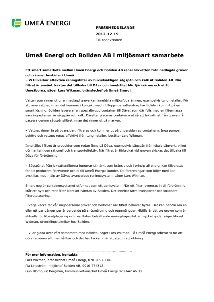 Umeå Energi och Boliden AB i miljösmart samarbete