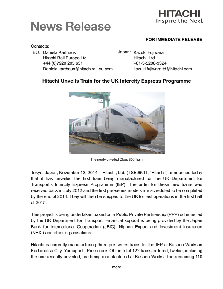 Hitachi Unveils Train for the UK Intercity Express Programme