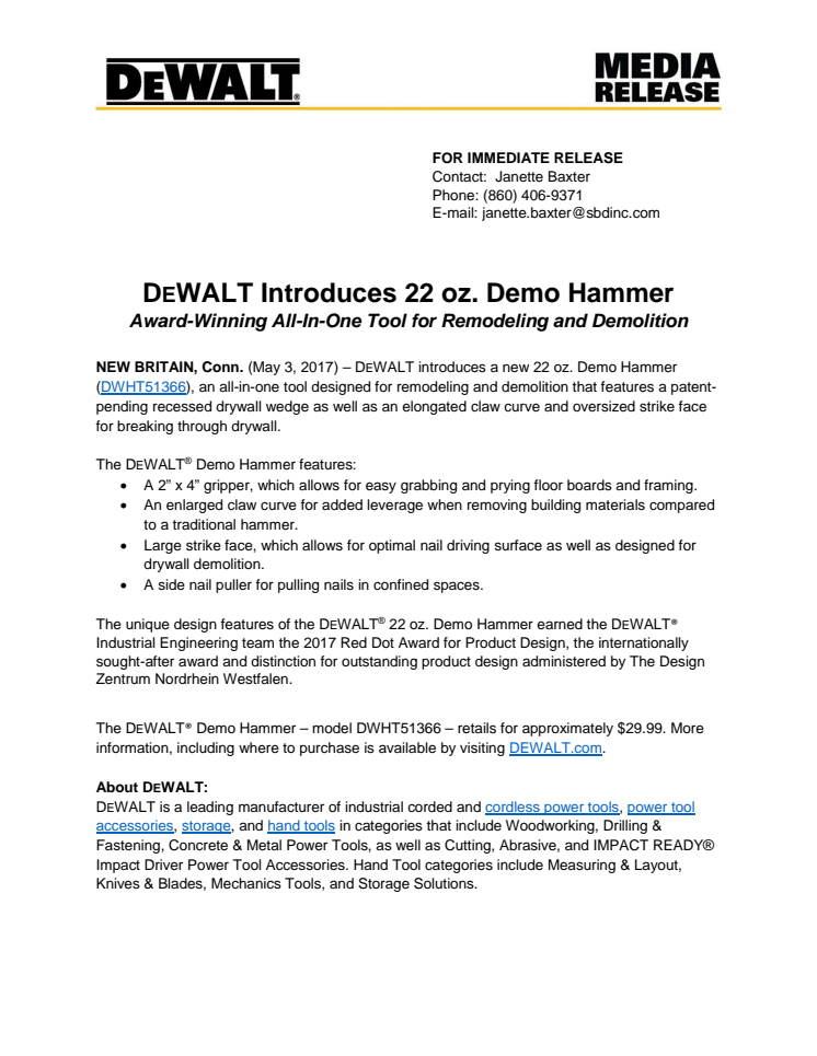 DEWALT Introduces 22 oz. Demo Hammer  