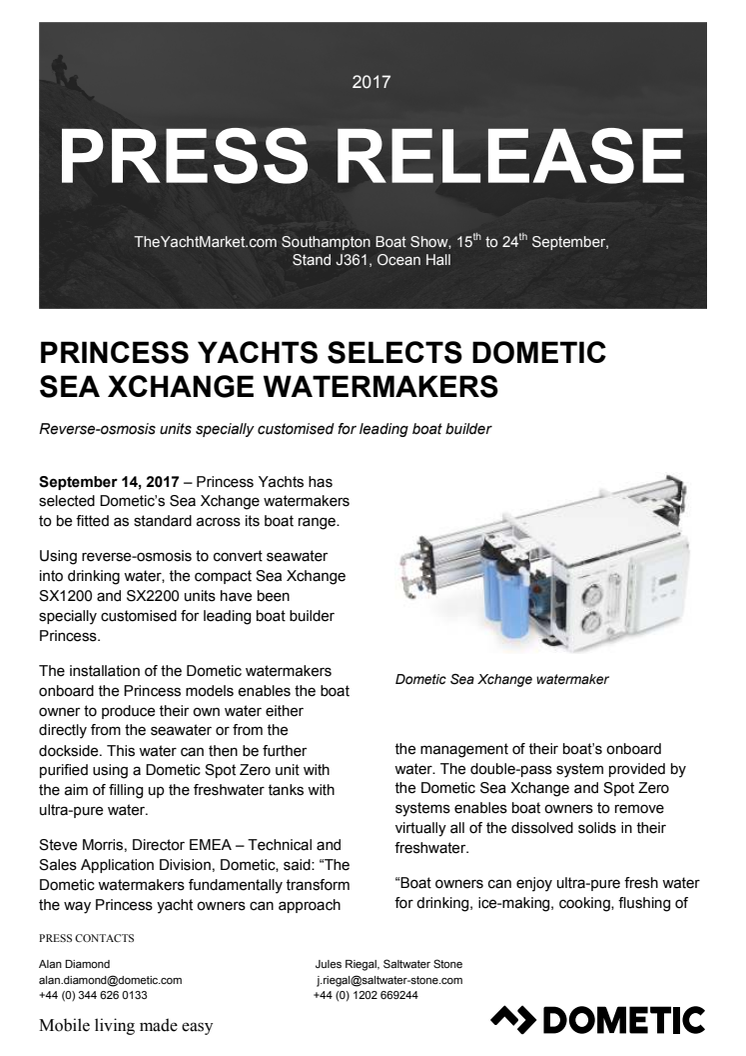 Dometic - Southampton Boat Show: Princess Yachts Selects Dometic  Sea Xchange Watermakers