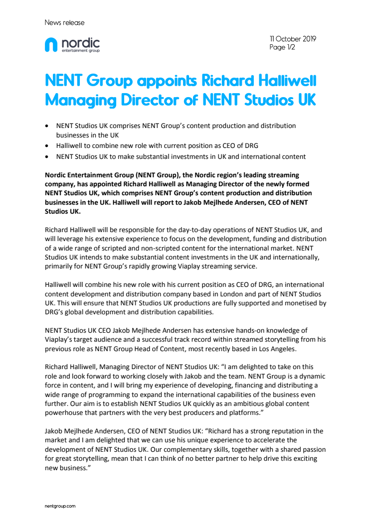 ​NENT Group appoints Richard Halliwell Managing Director of NENT Studios UK
