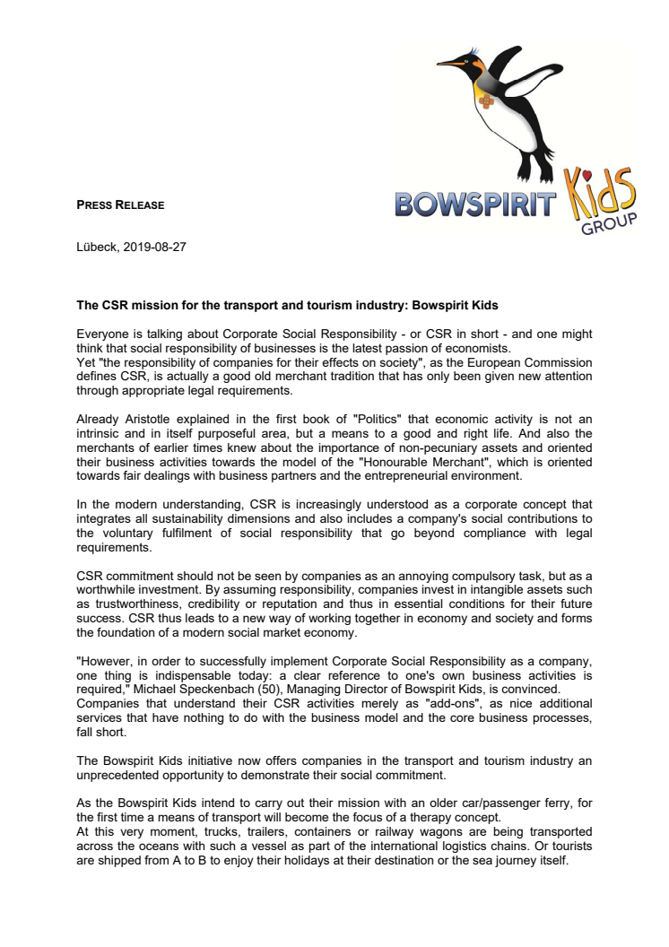 The CSR mission for the transport and tourism industry: Bowspirit Kids