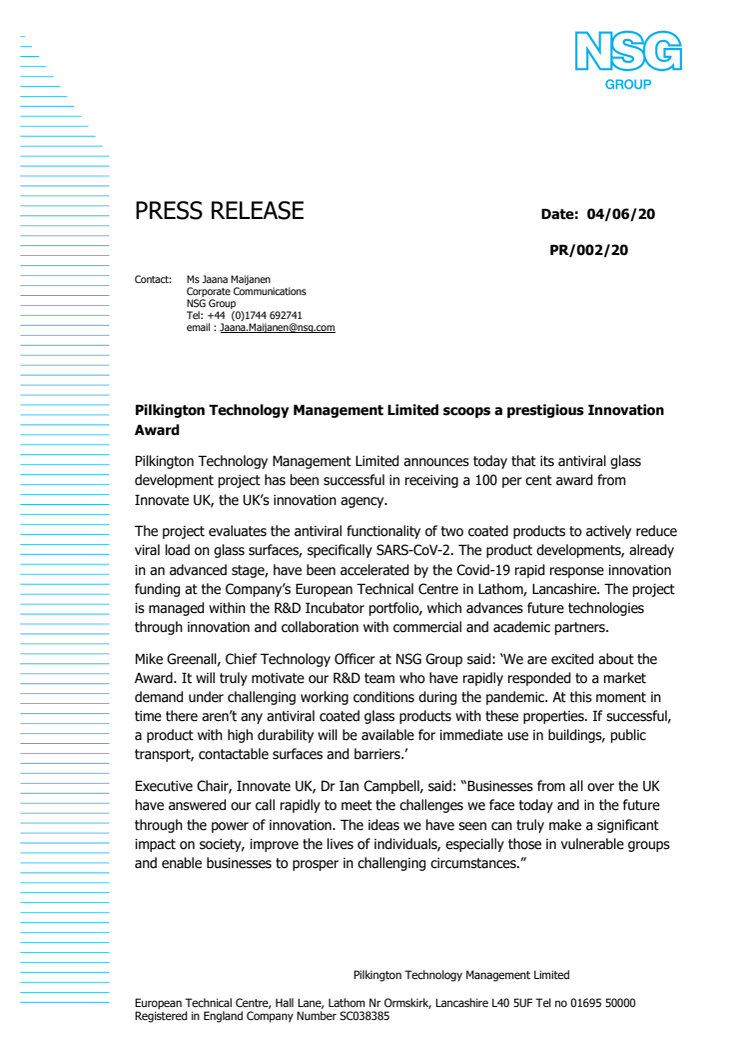 Pilkington Technology Management Limited  har mottagit innovationspris