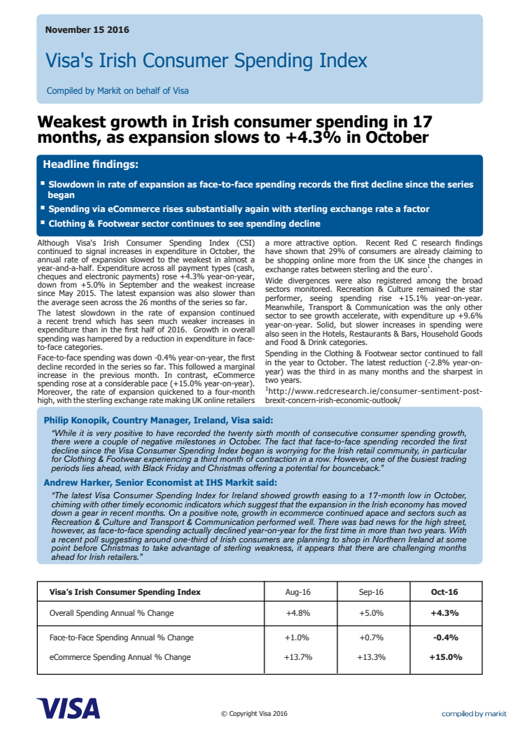 Weakest growth in Irish consumer spending in 17 months, as expansion slows to +4.3% in October