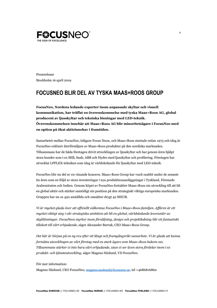 FocusNeo blir del av tyska Maas+Roos Group