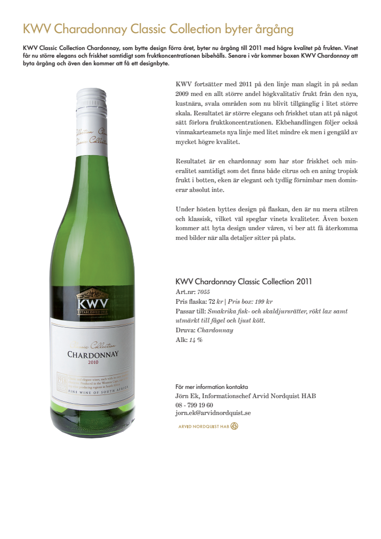 KWV Chardonnay Classic Collection byter årgång