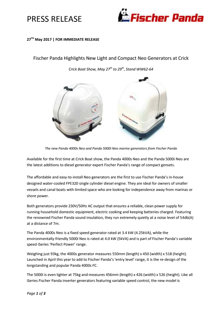 Fischer Panda: Fischer Panda Highlights New Light and Compact Neo Generators at Crick