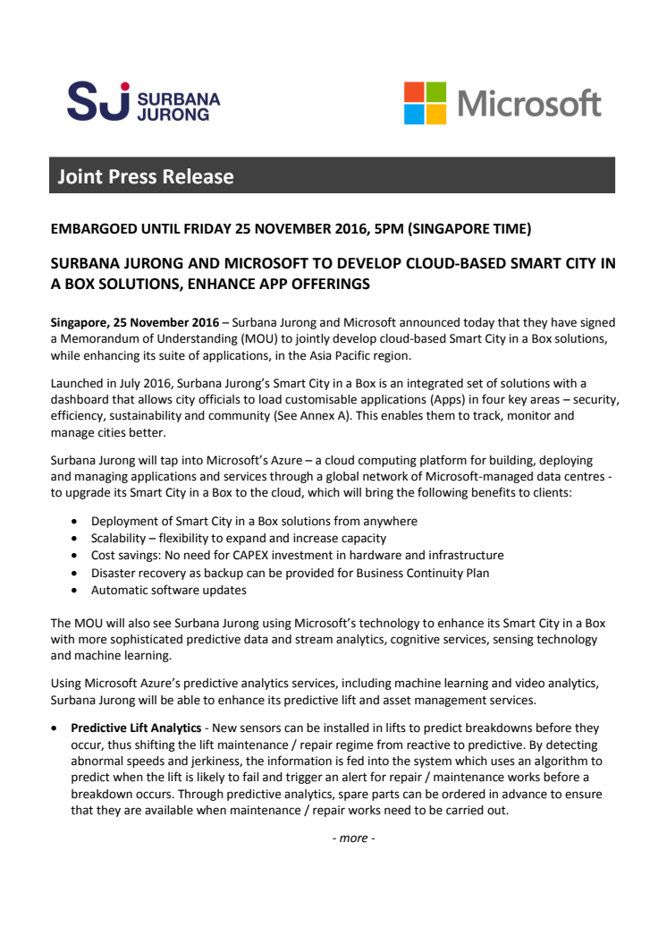 Surbana Jurong and Microsoft to develop cloud-based Smart City in a Box solutions, enhance app offerings