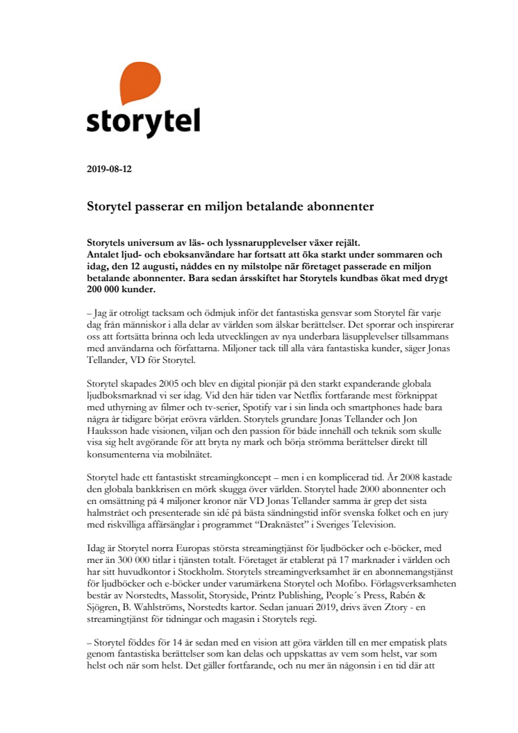 Storytel passerar en miljon betalande abonnenter