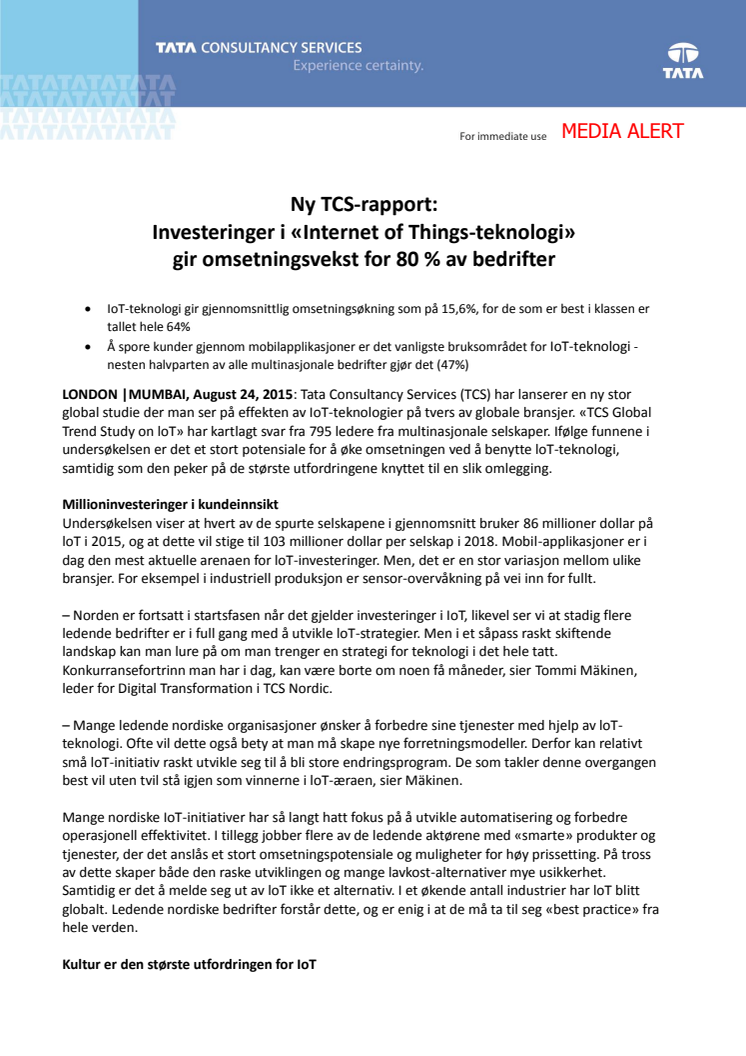 Ny TCS-rapport: Investeringer i «Internet of Things-teknologi» gir omsetningsvekst for 80 % av bedrifter