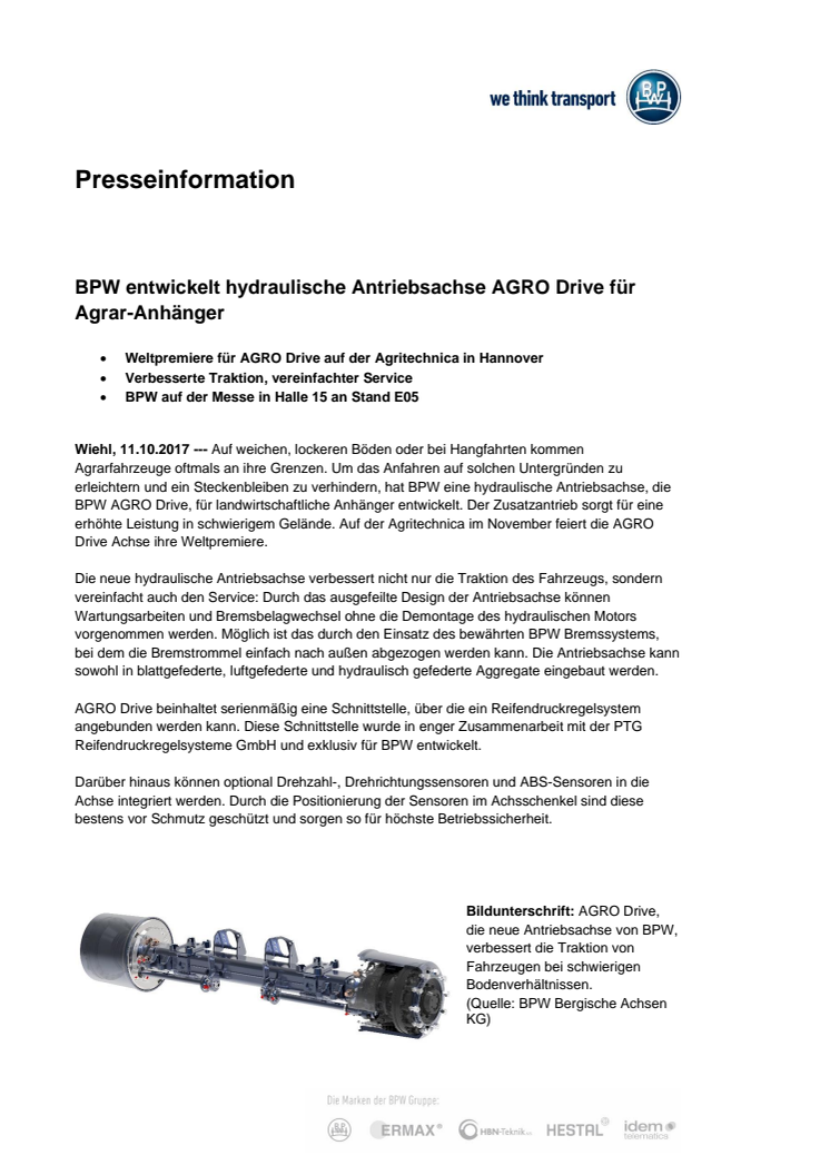 BPW entwickelt hydraulische Antriebsachse AGRO Drive für Agrar-Anhänger