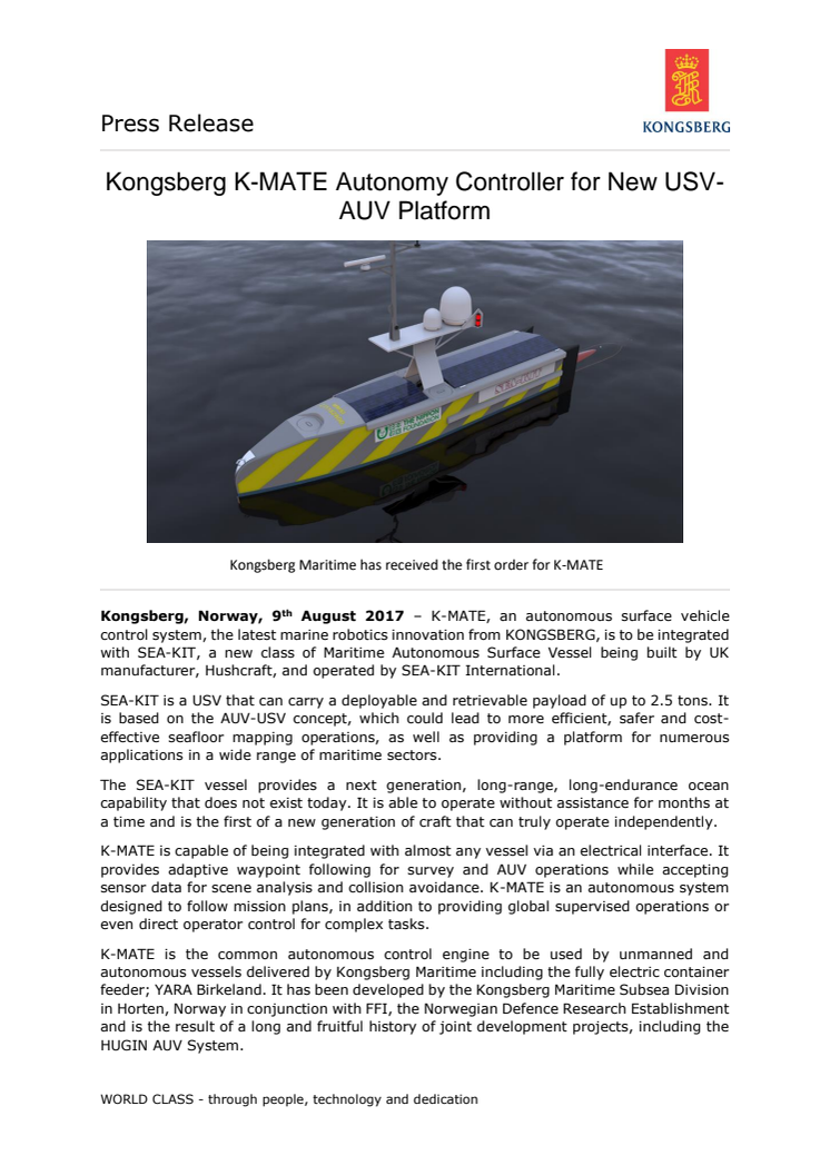 Kongsberg Maritime: Kongsberg K-MATE Autonomy Controller for New USV-AUV Platform