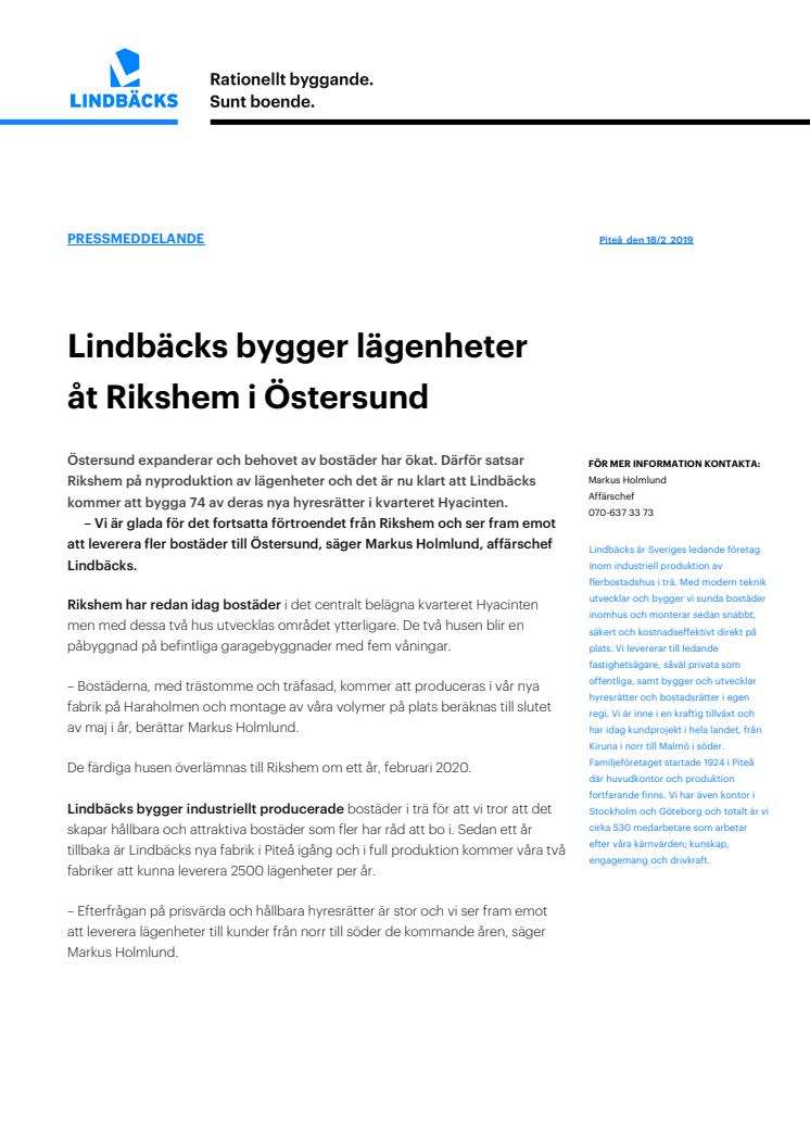 Lindbäcks bygger lägenheter åt Rikshem i Östersund