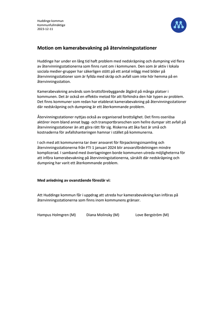 Motion om kamerabevakning på återvinningsstationer