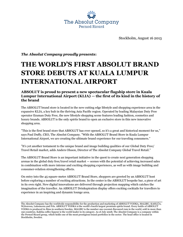THE WORLD’S FIRST ABSOLUT BRAND STORE DEBUTS AT KUALA LUMPUR INTERNATIONAL AIRPORT
