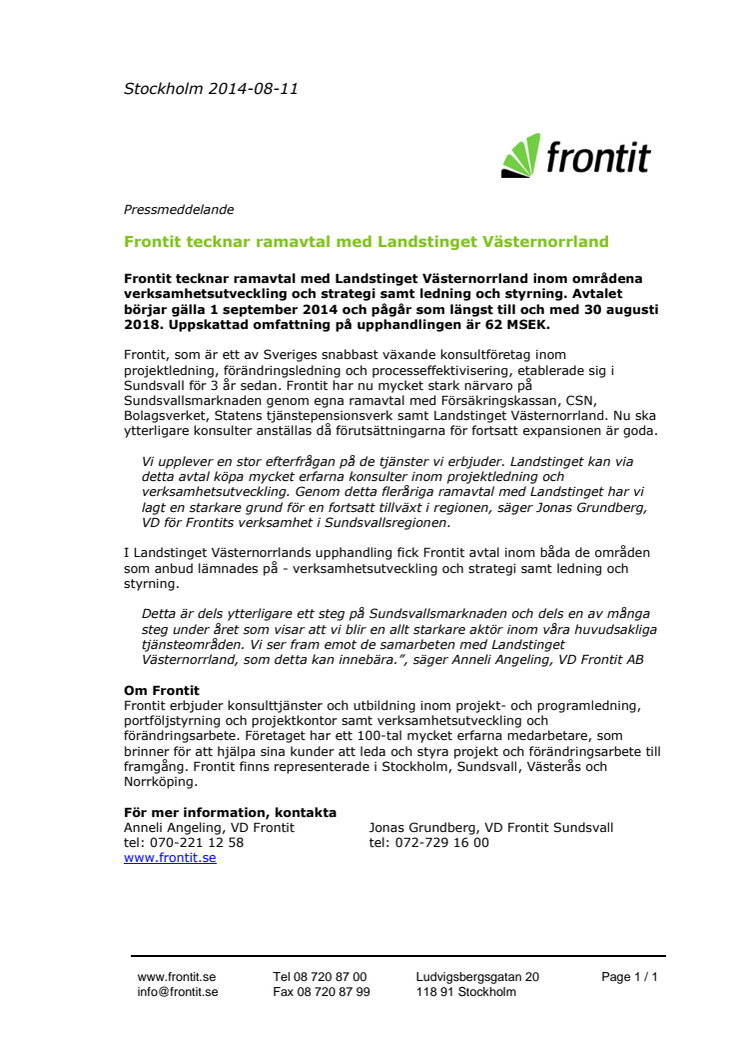 Frontit tecknar ramavtal med Landstinget Västernorrland
