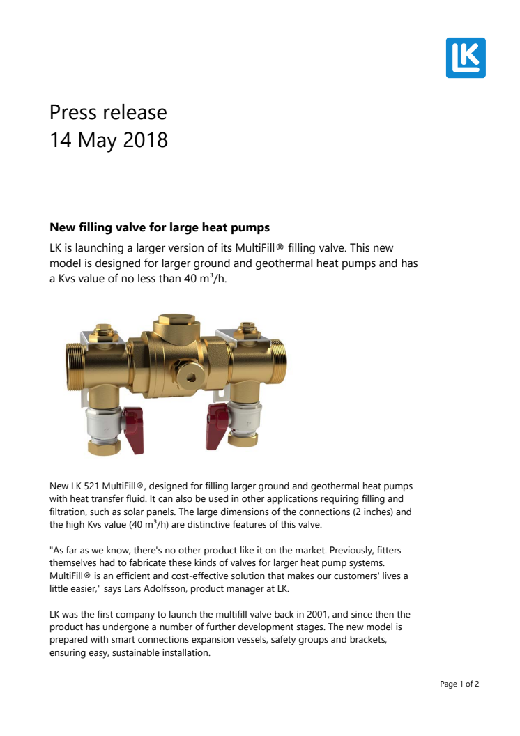 New filling valve for large heat pumps