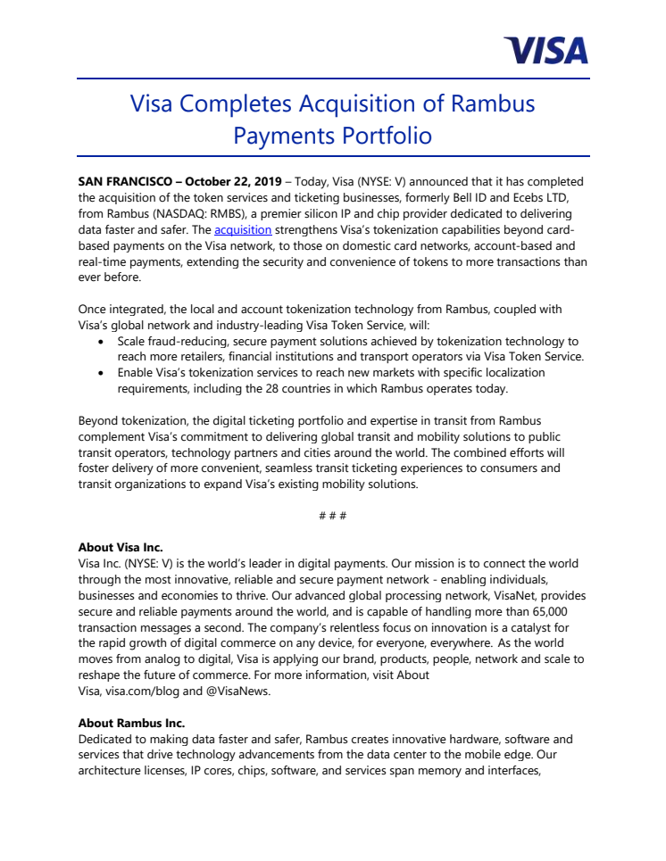 Visa vahvistaa digitaalista osaamistaan - ostaa Rambuksen maksuportfolion
