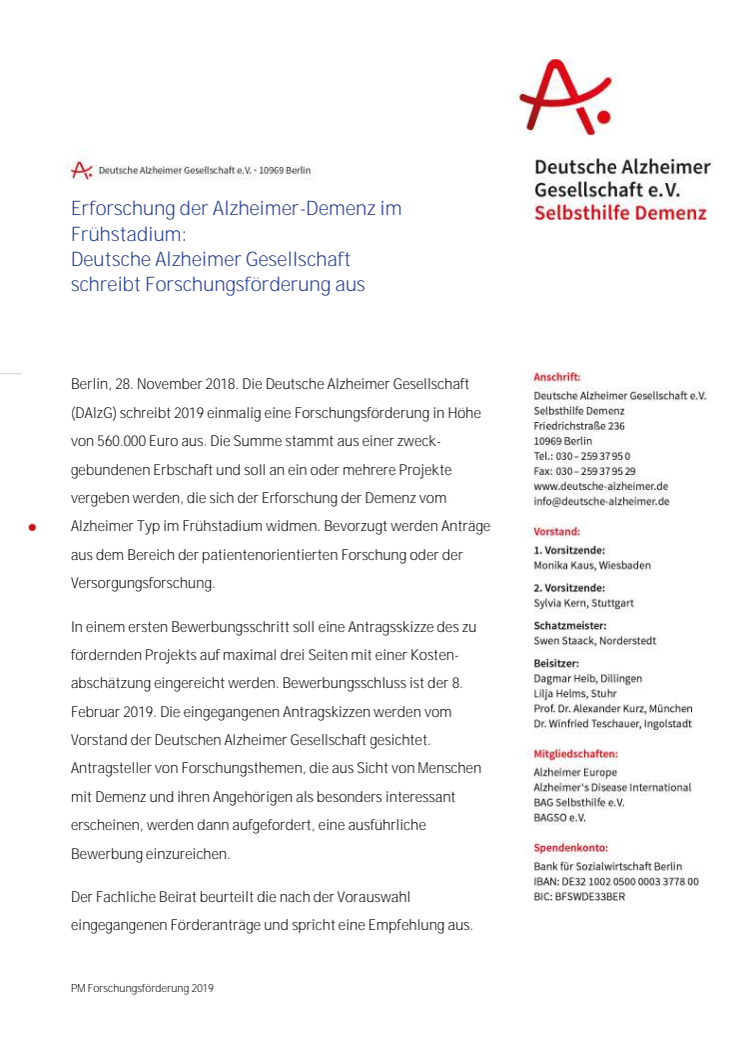 Erforschung der Alzheimer-Demenz im Frühstadium:  Deutsche Alzheimer Gesellschaft schreibt Forschungsförderung aus 