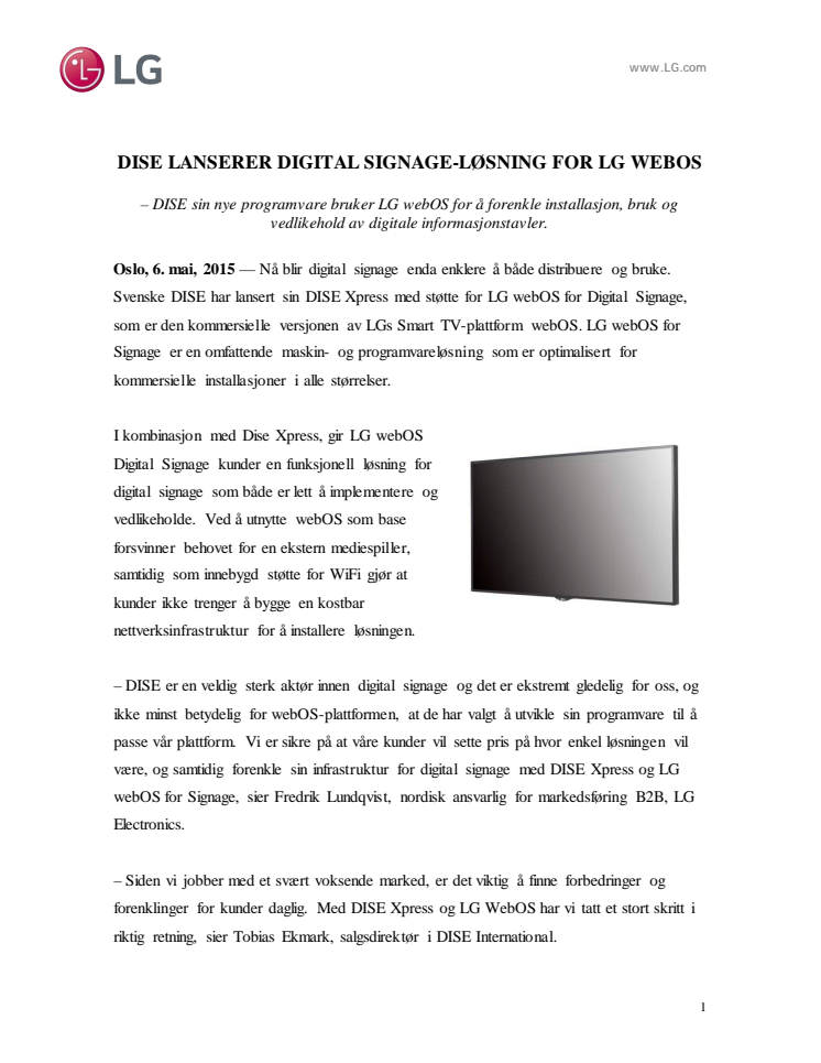 DISE LANSERER DIGITAL SIGNAGE-LØSNING FOR LG WEBOS