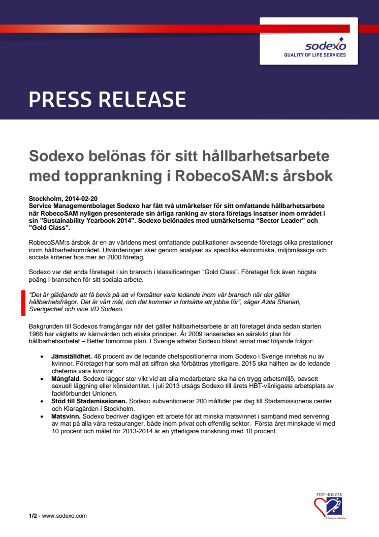 Sodexo belönas för sitt hållbarhetsarbete med topprankning i RobecoSAM:s årsbok