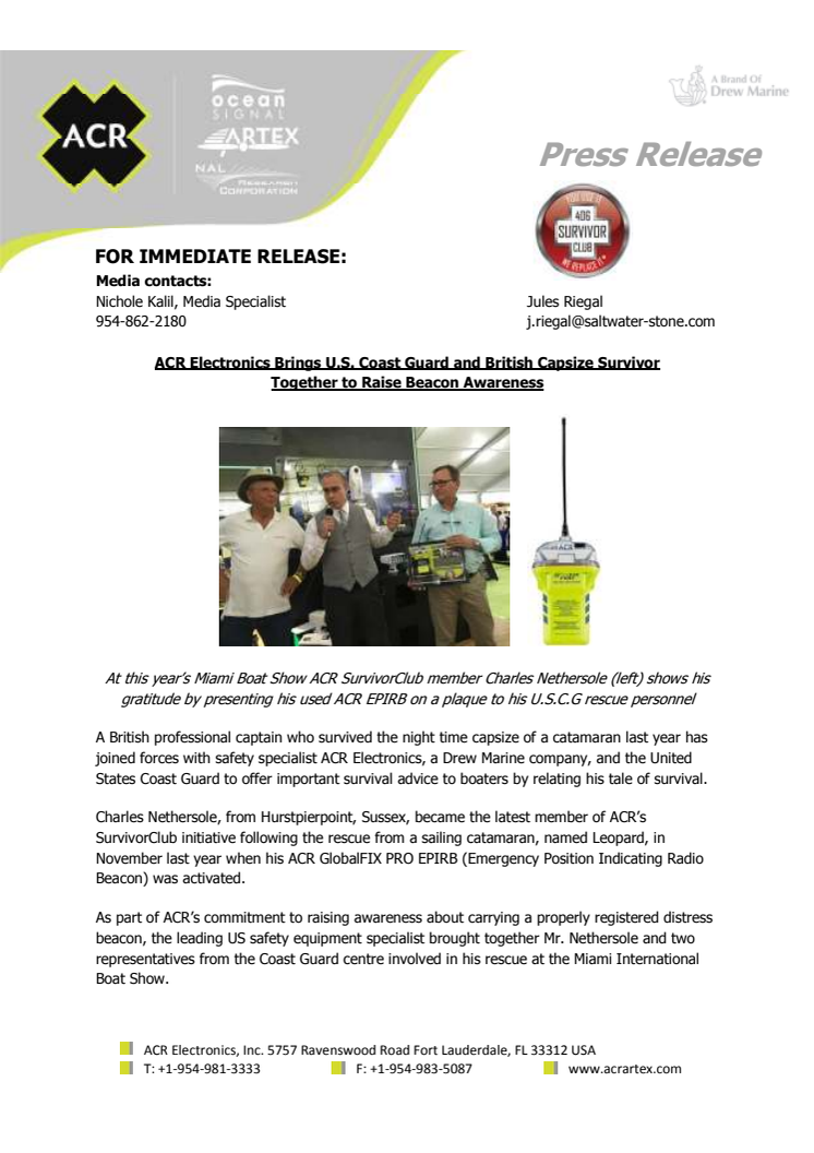 ACR Electronics Brings U.S. Coast Guard and British Capsize Survivor Together to Raise Beacon Awareness