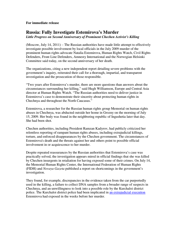 Estemirova’s murder must be investigated properly 