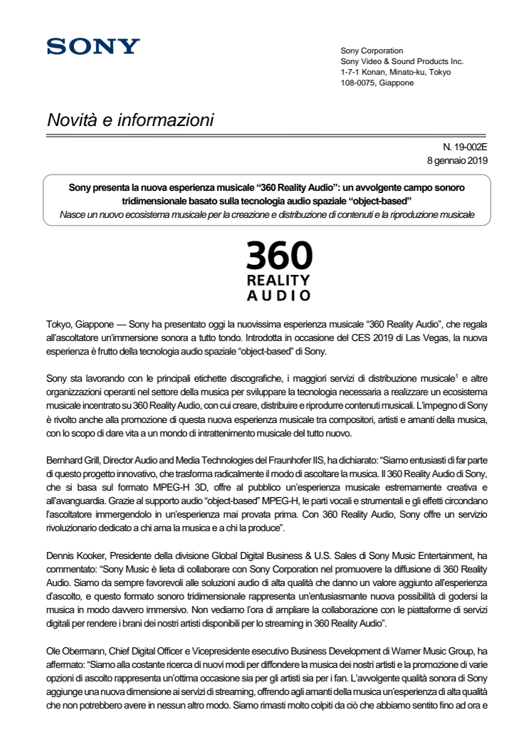 Sony presenta la nuova esperienza musicale “360 Reality Audio”: un avvolgente campo sonoro tridimensionale basato sulla tecnologia audio spaziale “object-based” 