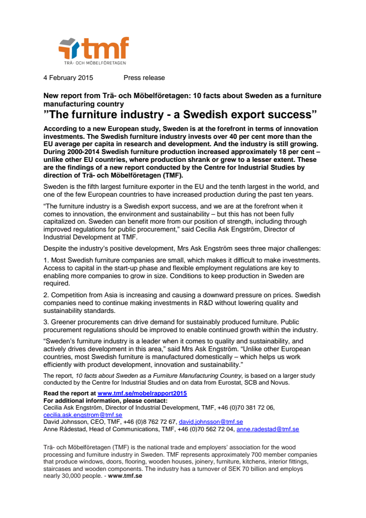 20150204 TMF Press release - 10 facts about Sweden as a furniture manufacturing country
