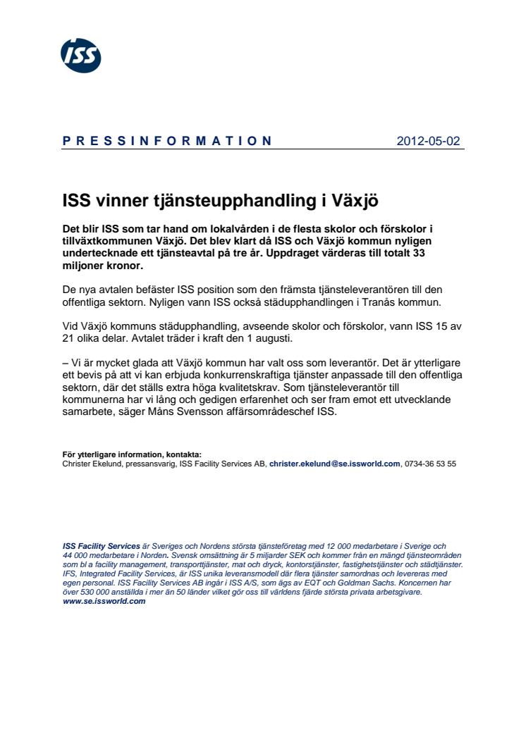 ISS vinner tjänsteupphandling i Växjö