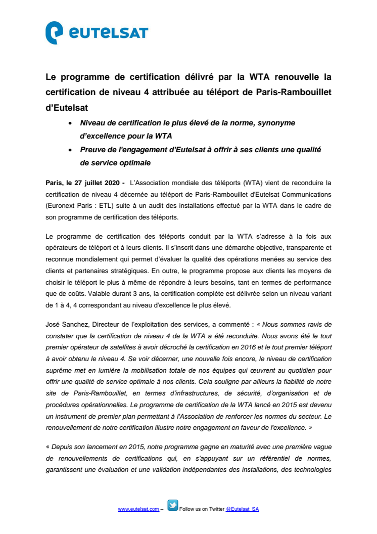 Le programme de certification délivré par la WTA renouvelle la certification de niveau 4 attribuée au téléport de Paris-Rambouillet d’Eutelsat