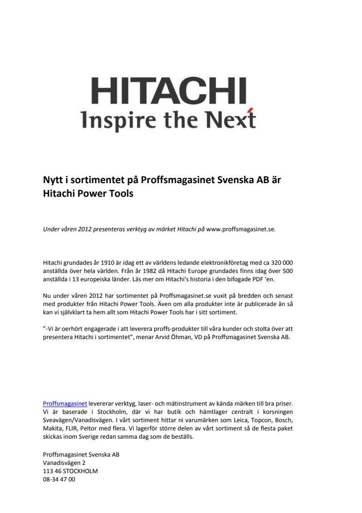 Nytt hos Proffsmagasinet -  Pressmeddelande Hitachi