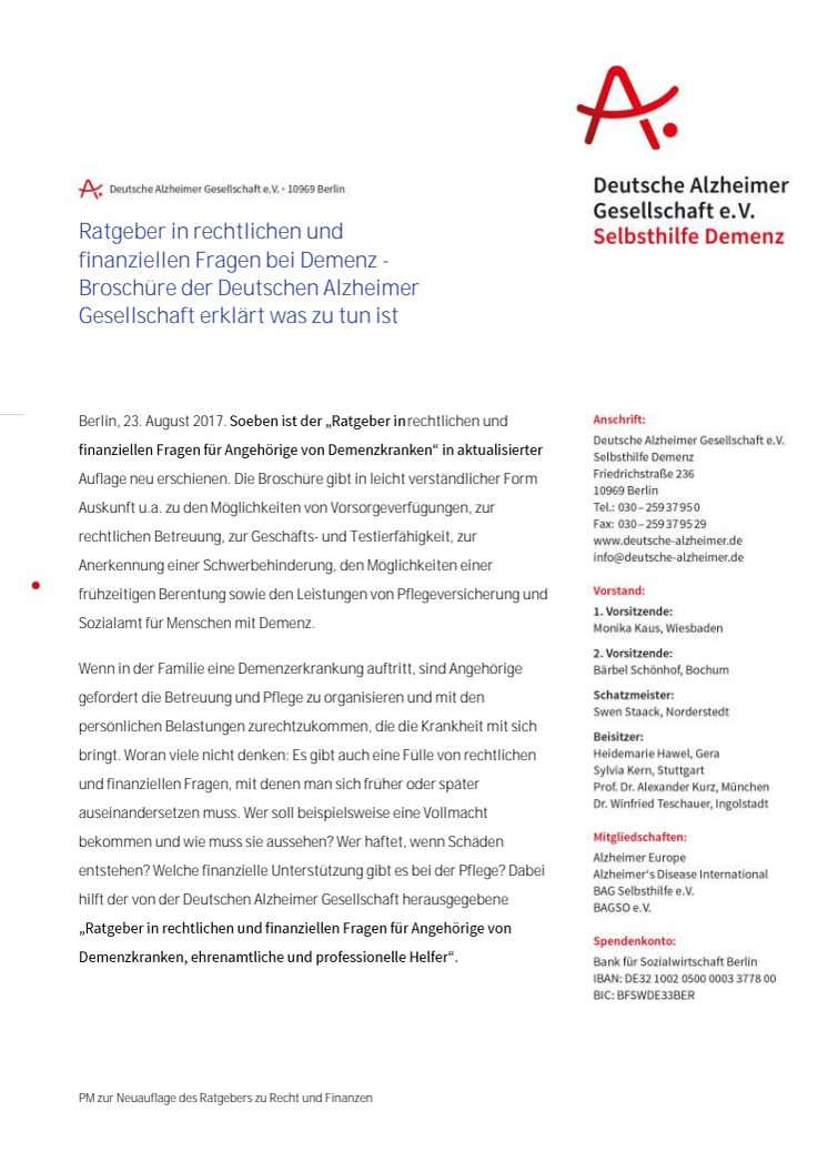 Ratgeber in rechtlichen und finanziellen Fragen bei Demenz - Broschüre der Deutschen Alzheimer Gesellschaft erklärt was zu tun ist