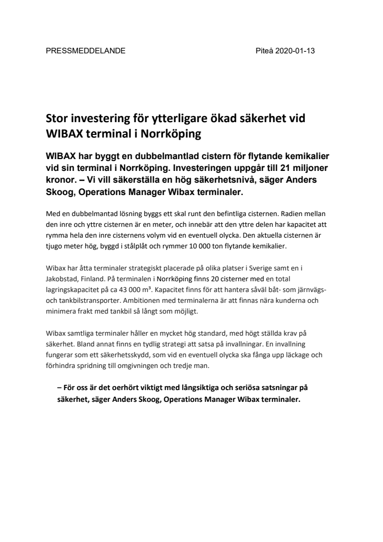 Stor investering för ytterligare ökad säkerhet vid WIBAX terminal i Norrköping