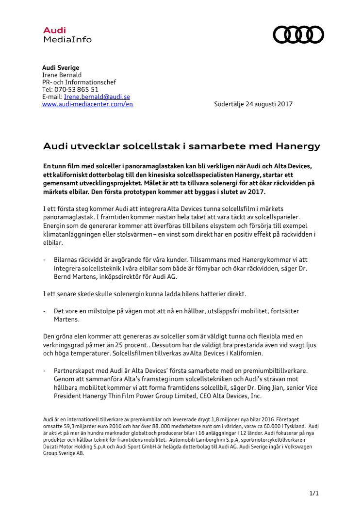 Audi utvecklar solcellstak i samarbete med Hanergy