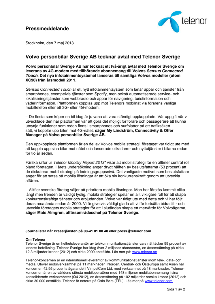 Volvo personbilar Sverige AB tecknar avtal med Telenor Sverige