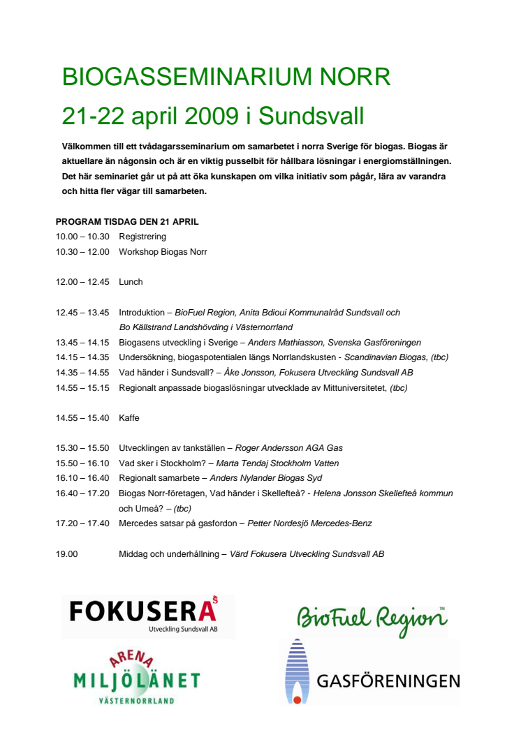 Program Biogasseminarium 21-22 april Sundsvall