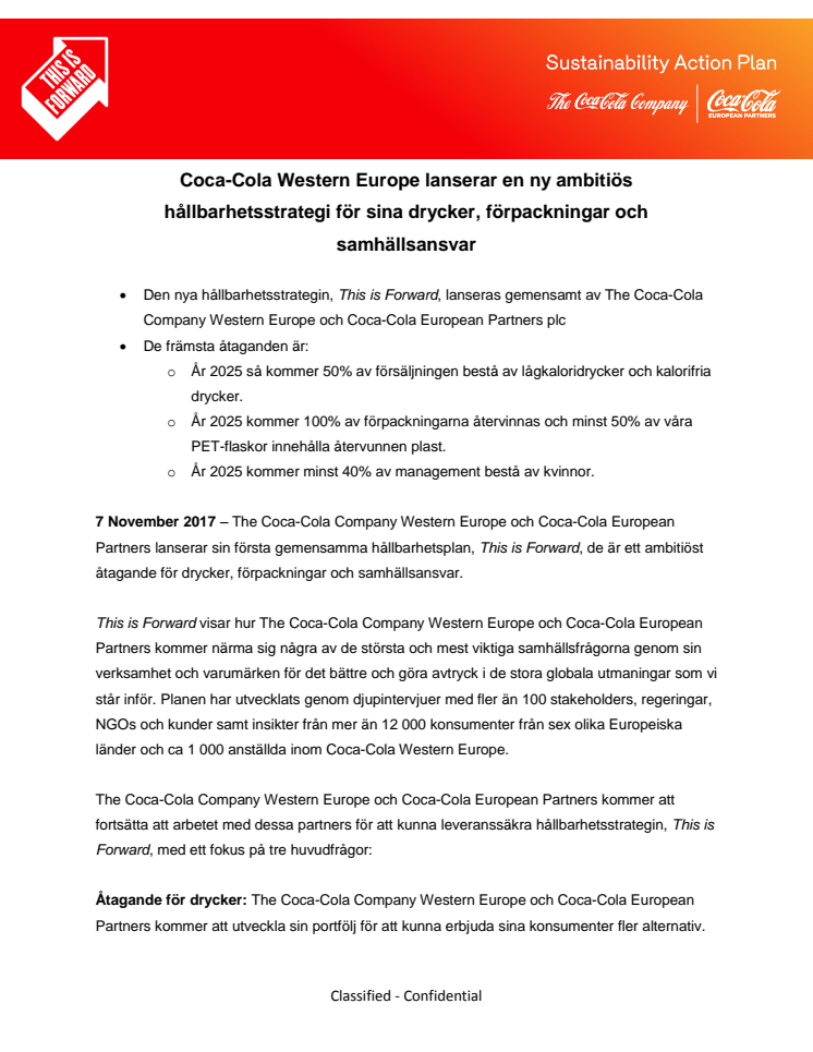 Coca-Cola Western Europe lanserar en ny ambitiös hållbarhetsstrategi för sina drycker, förpackningar och samhällsansvar