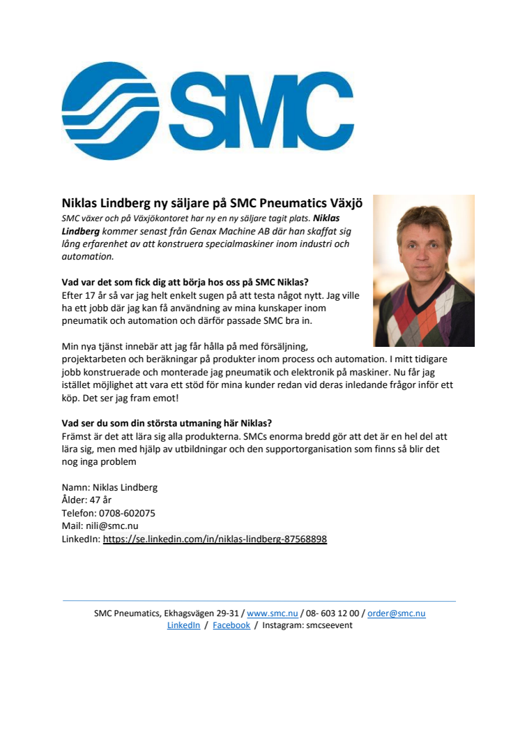 ​Niklas Lindberg ny säljare på SMC Pneumatics Växjö