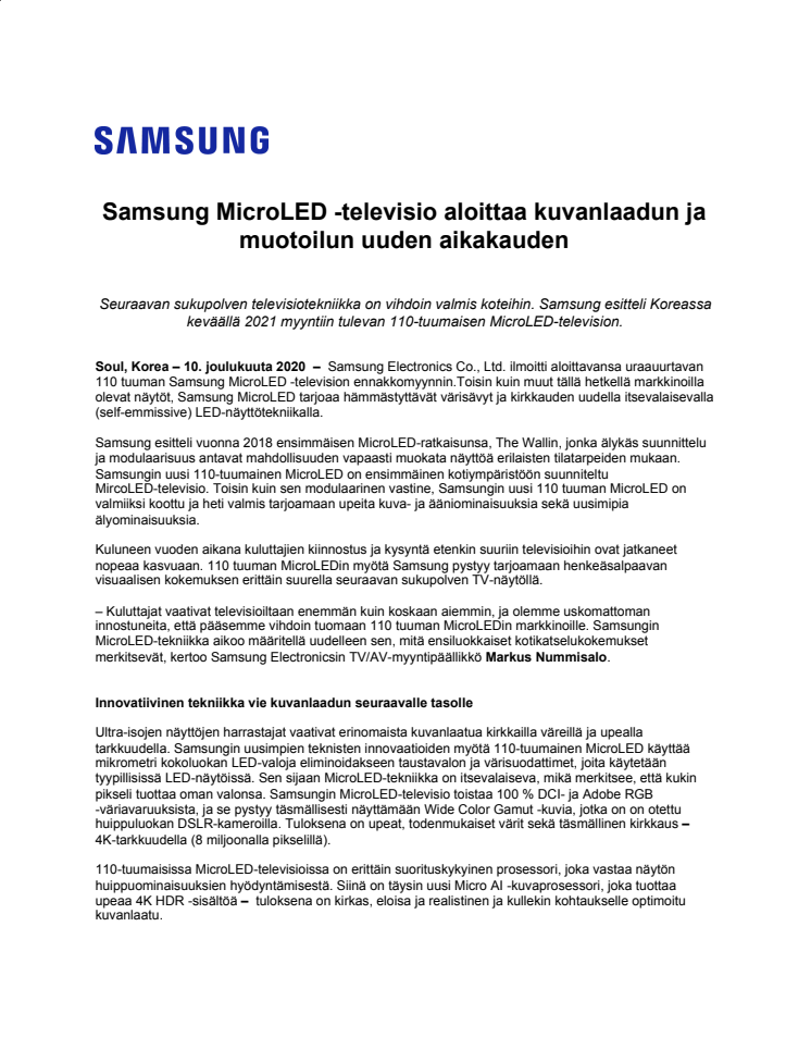  Samsung MicroLED -televisio aloittaa kuvanlaadun ja muotoilun uuden aikakauden